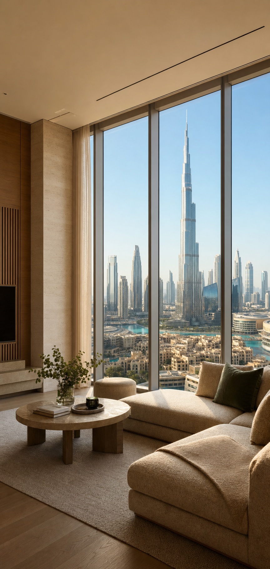 Contemporary Downtown Dubai apartment interior overlooking the Burj Khalifa